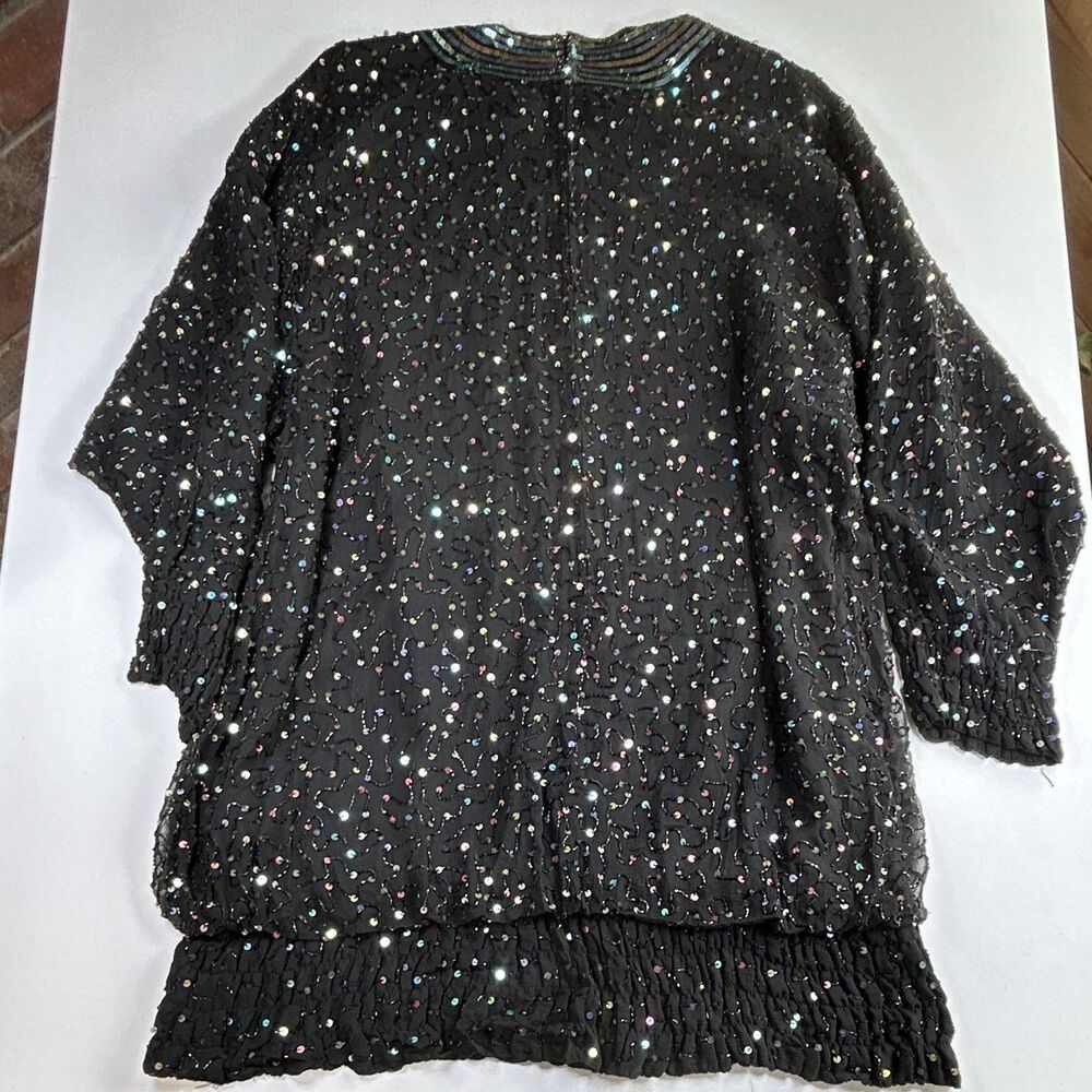 Vintage Silk Judith Ann Creations Black Multi Sequin Beaded Knee Length Dress L - Picture 12 of 13